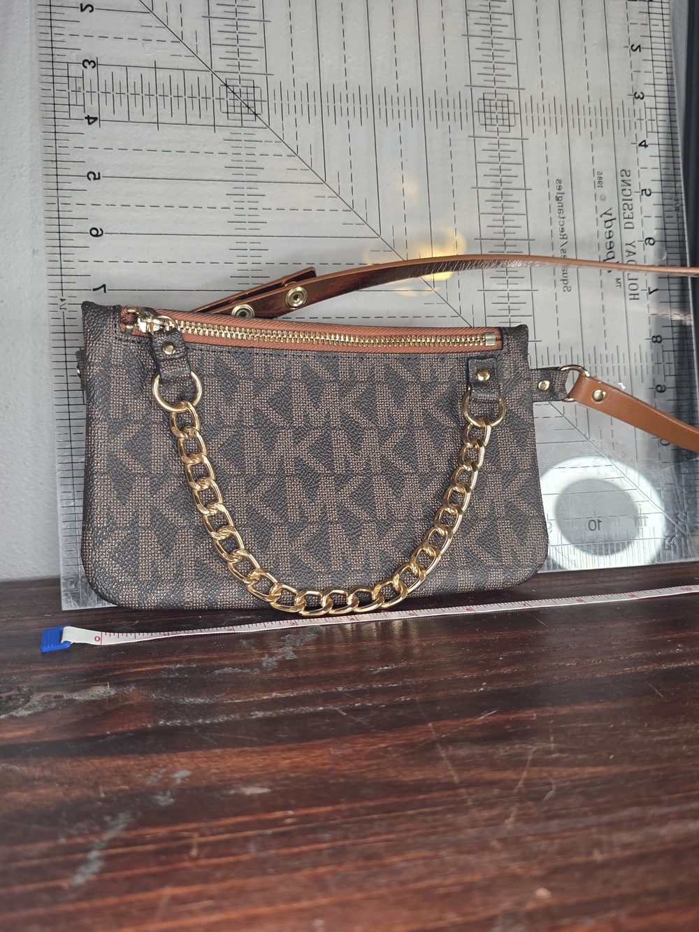 Michael Kors Brown MK Logo Chain-Accent Wristlet Crossbody